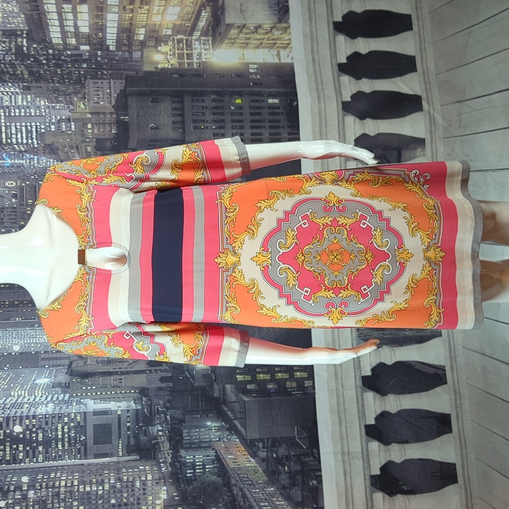 Studio 1 sz 8 Striped & Ornate Print 3/4 Sleeve Shift Dress